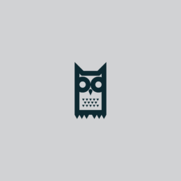 Geometric dark teal owl logo on a light gray background, centered