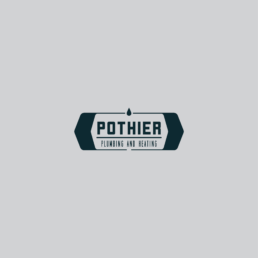 Logo for Pothier Plumbing and Heating: dark teal badge with water drop above and bold 'POTHIER' text, 'Plumbing and Heating' subtitle