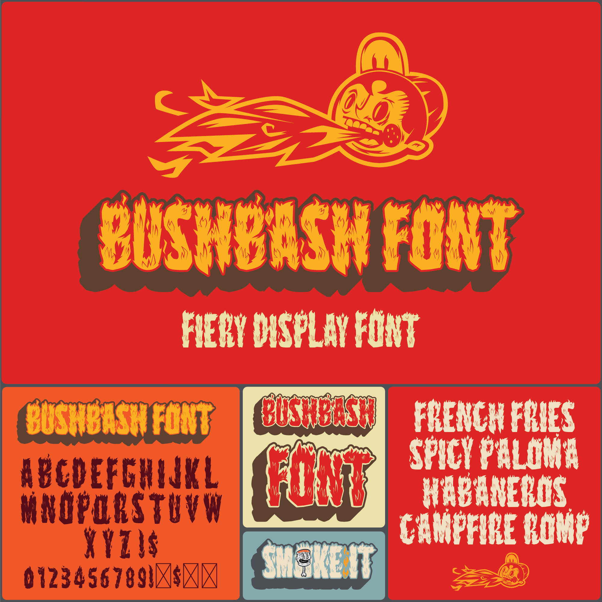 Bush Bash display font by Bend Industries – a Texas creative studio. Bold, angular typeface inspired by fire, grit, and retro edge. Great for logos, posters, and high-impact design work