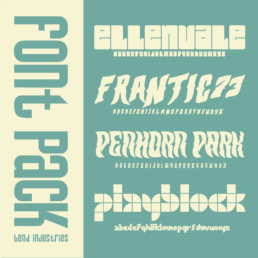 Bend Industries Font Pack 1 A curated collection of four original typefaces—Ellenvale, Playblock, Penhorn Park, and Frantic73—each crafted to bring a bold, creative edge to your next project. From playful and retro to expressive and experimental, this pack is built for designers who want their typography to stand out. Perfect for branding, packaging, posters, and creative storytelling.