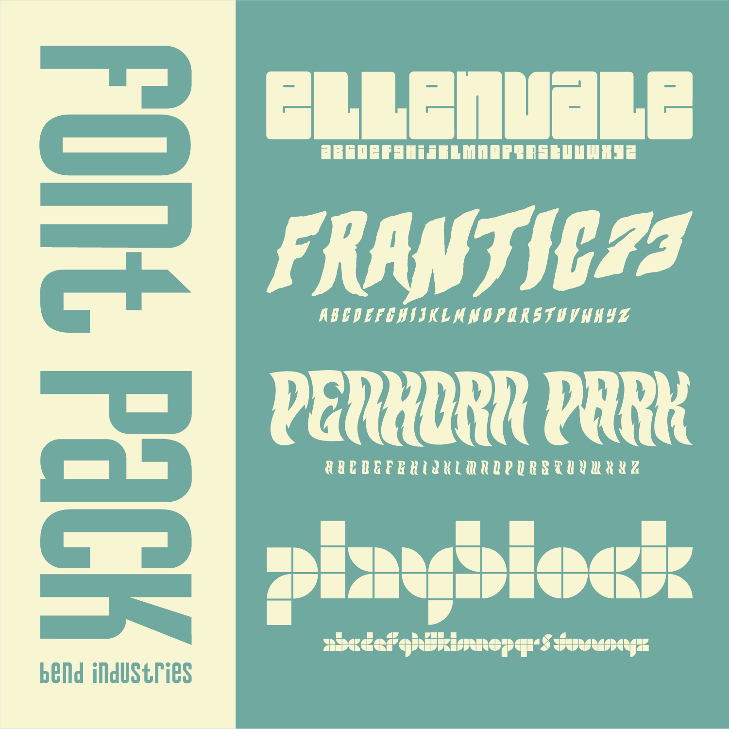 Bend Industries Font Pack 1 A curated collection of four original typefaces—Ellenvale, Playblock, Penhorn Park, and Frantic73—each crafted to bring a bold, creative edge to your next project. From playful and retro to expressive and experimental, this pack is built for designers who want their typography to stand out. Perfect for branding, packaging, posters, and creative storytelling.