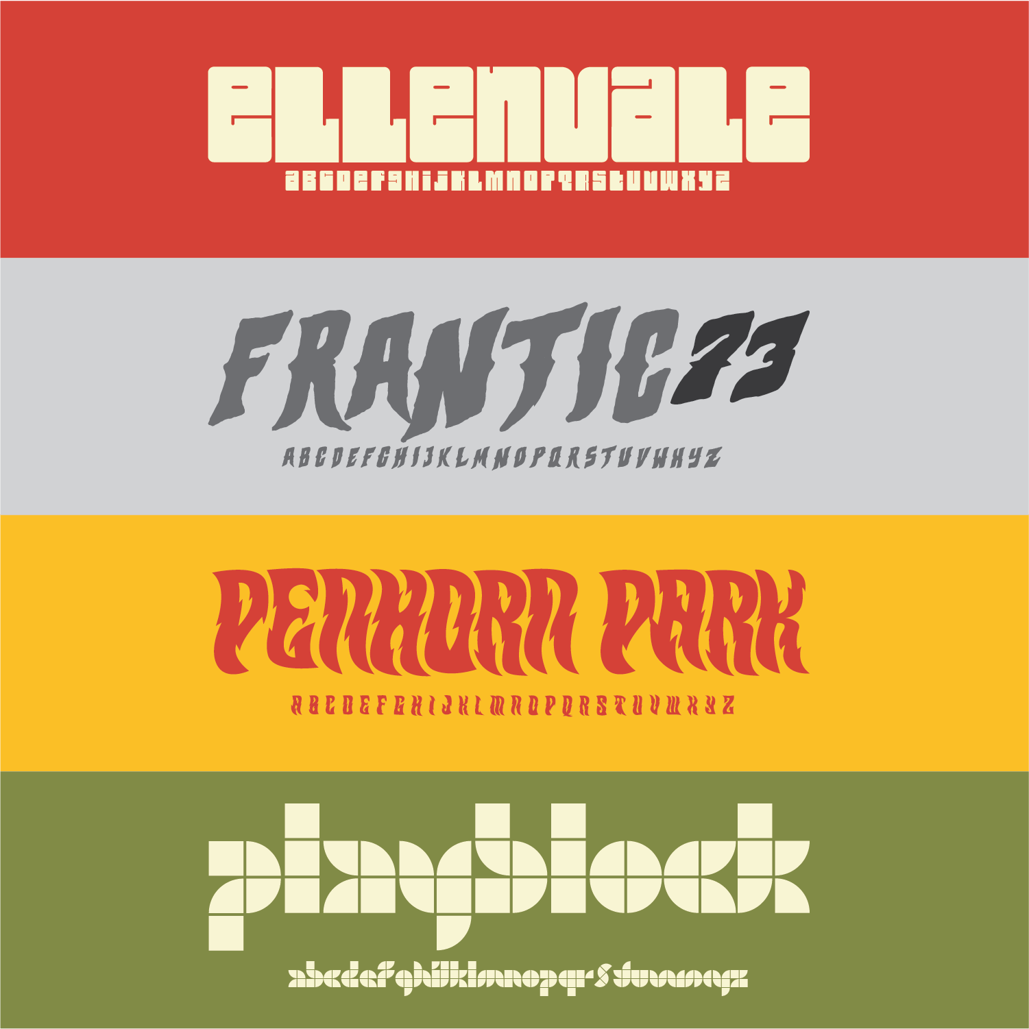 Bend Industries Font Pack 1 A curated collection of four original typefaces—Ellenvale, Playblock, Penhorn Park, and Frantic73—each crafted to bring a bold, creative edge to your next project. From playful and retro to expressive and experimental, this pack is built for designers who want their typography to stand out. Perfect for branding, packaging, posters, and creative storytelling.