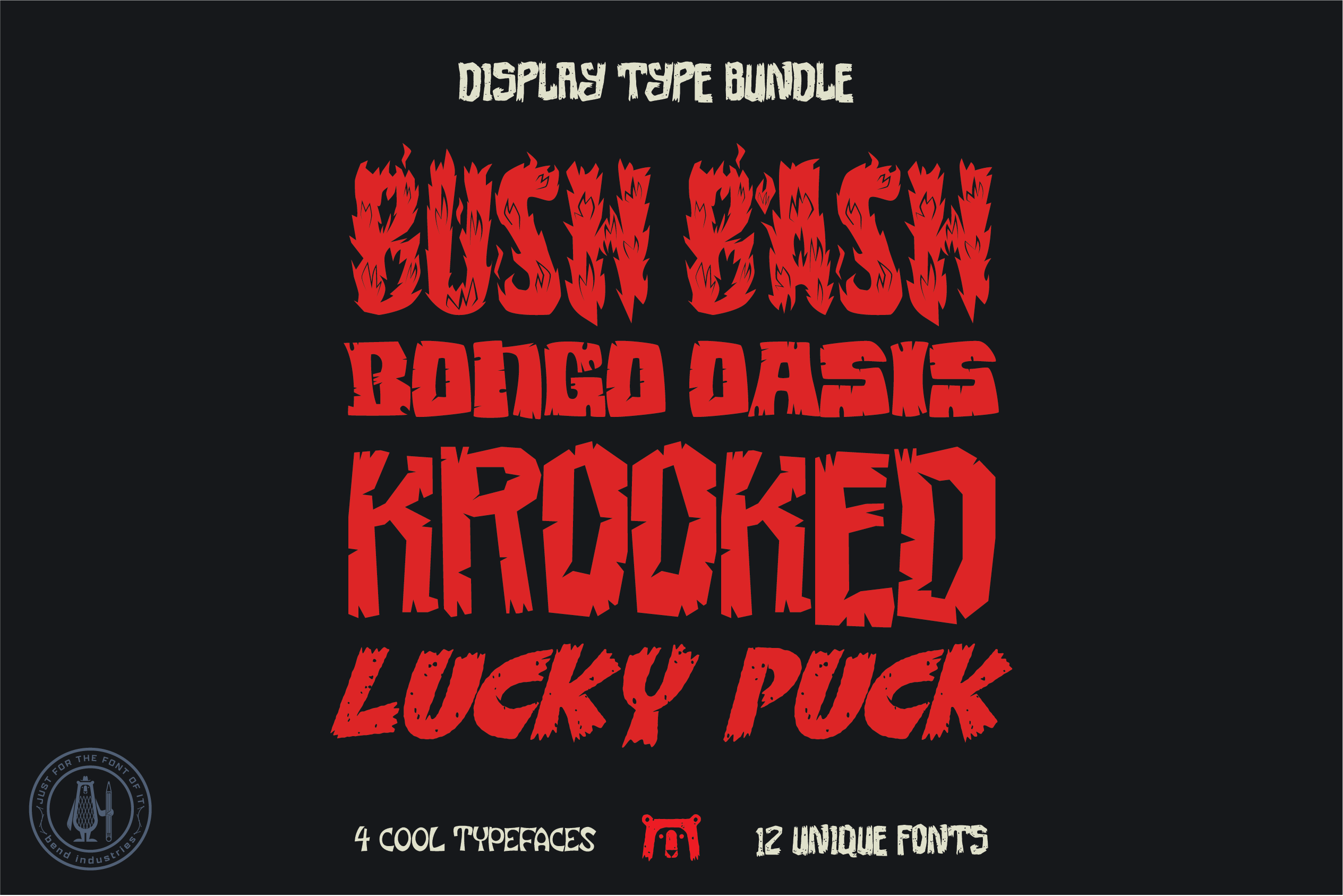 Bend Industries Display Font Collection – Krooked, Bongo Oasis, Bush Bash, Lucky Puck - Bend Industries - Multifaceted Creative Branding Studio
