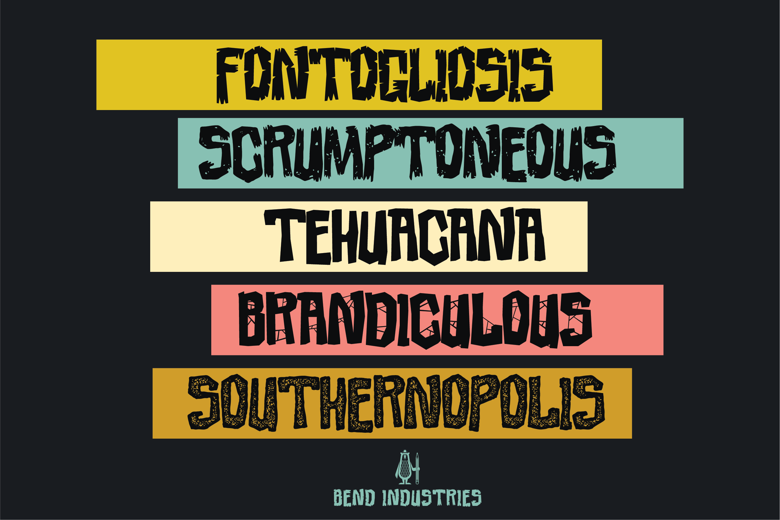 Bend Industries Display Font Collection – Krooked, Bongo Oasis, Bush Bash, Lucky Puck - Bend Industries - Multifaceted Creative Branding Studio